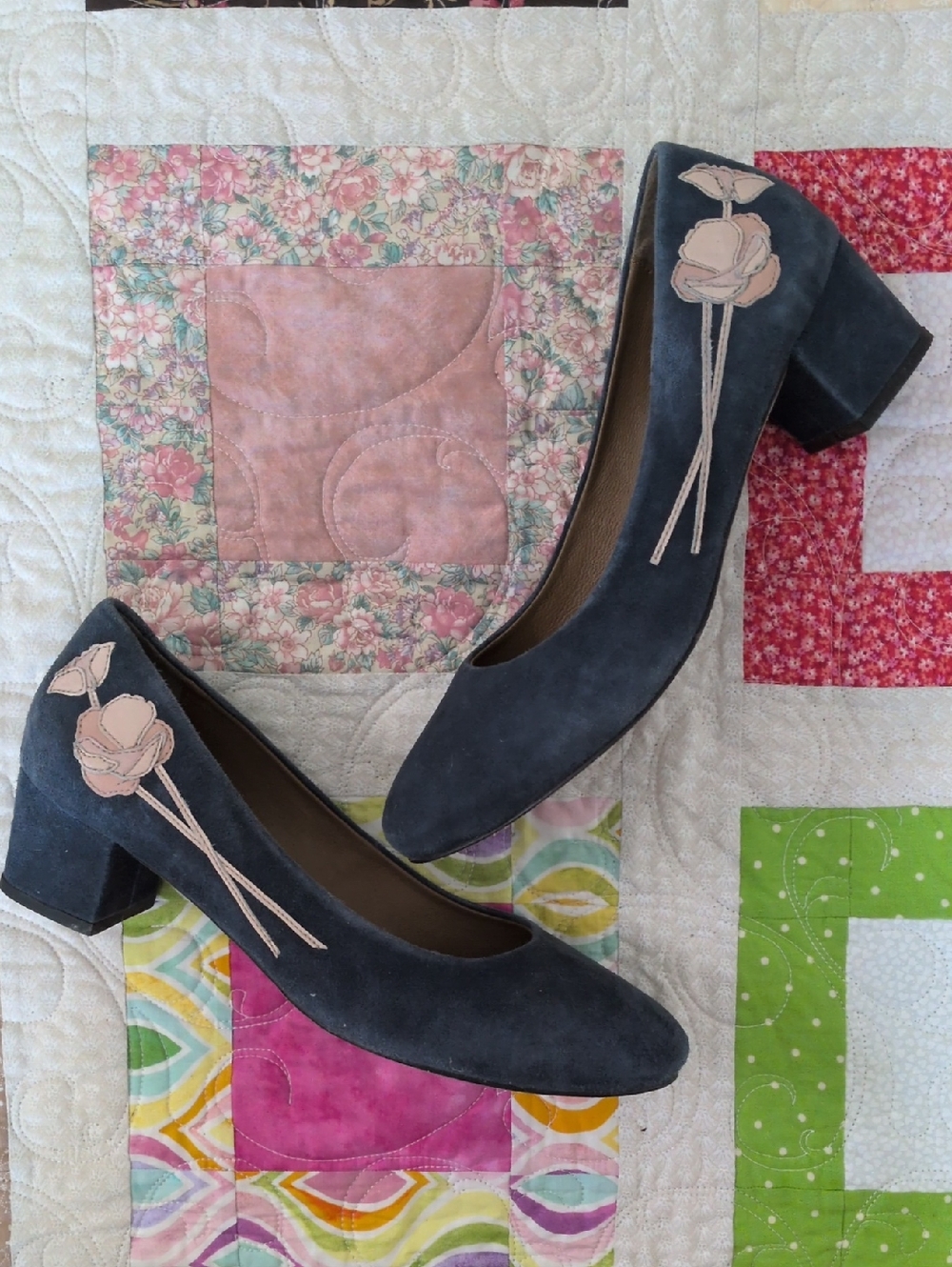 Anthropologie Jasper & Jeera Blue Suede Block Heel Pumps with Pink Floral Accent